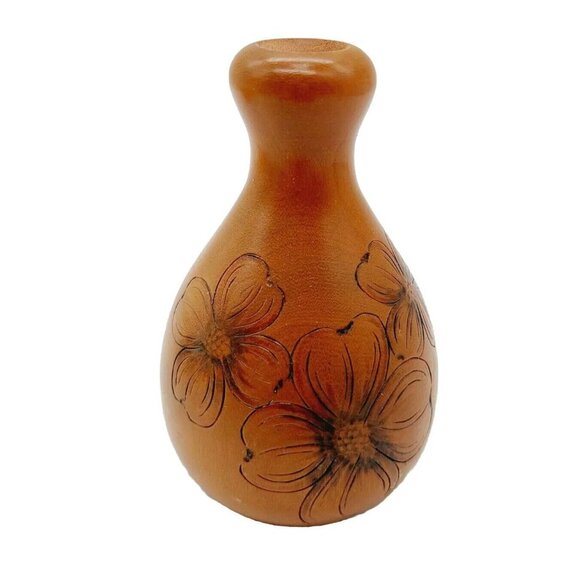 Janis Proffitt Wood Vase 1998 Floral Cherry Wood READ 3 3/4" - Picture 1 of 9